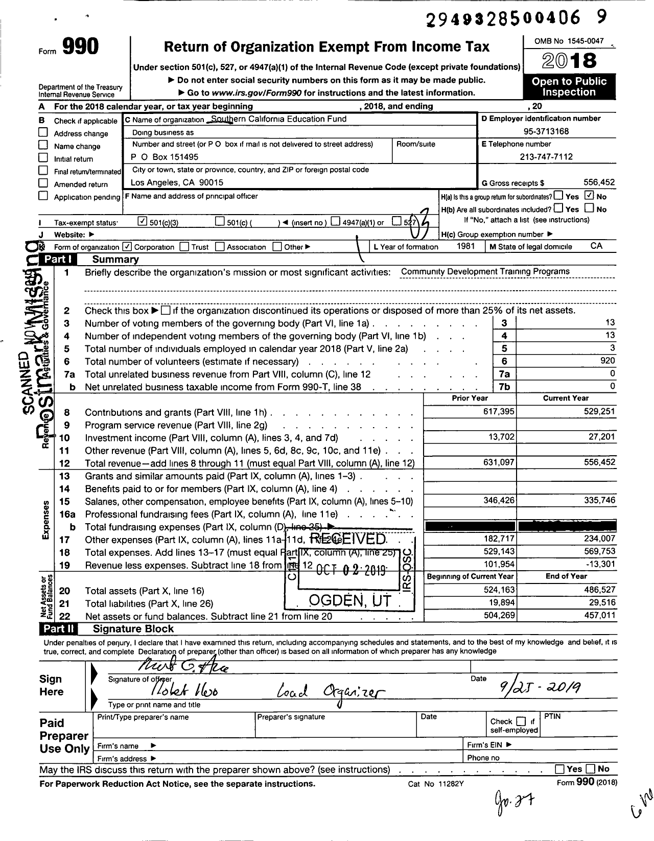 Image of first page of 2018 Form 990 for Southern California Education Fund