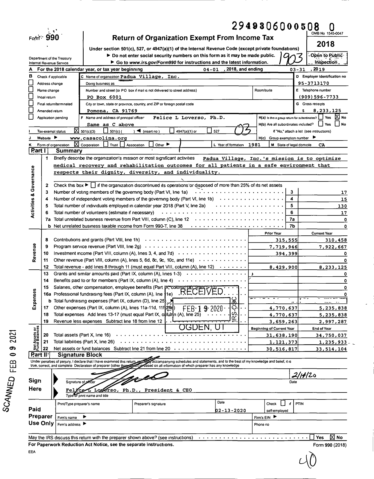 Image of first page of 2018 Form 990 for Padua Village