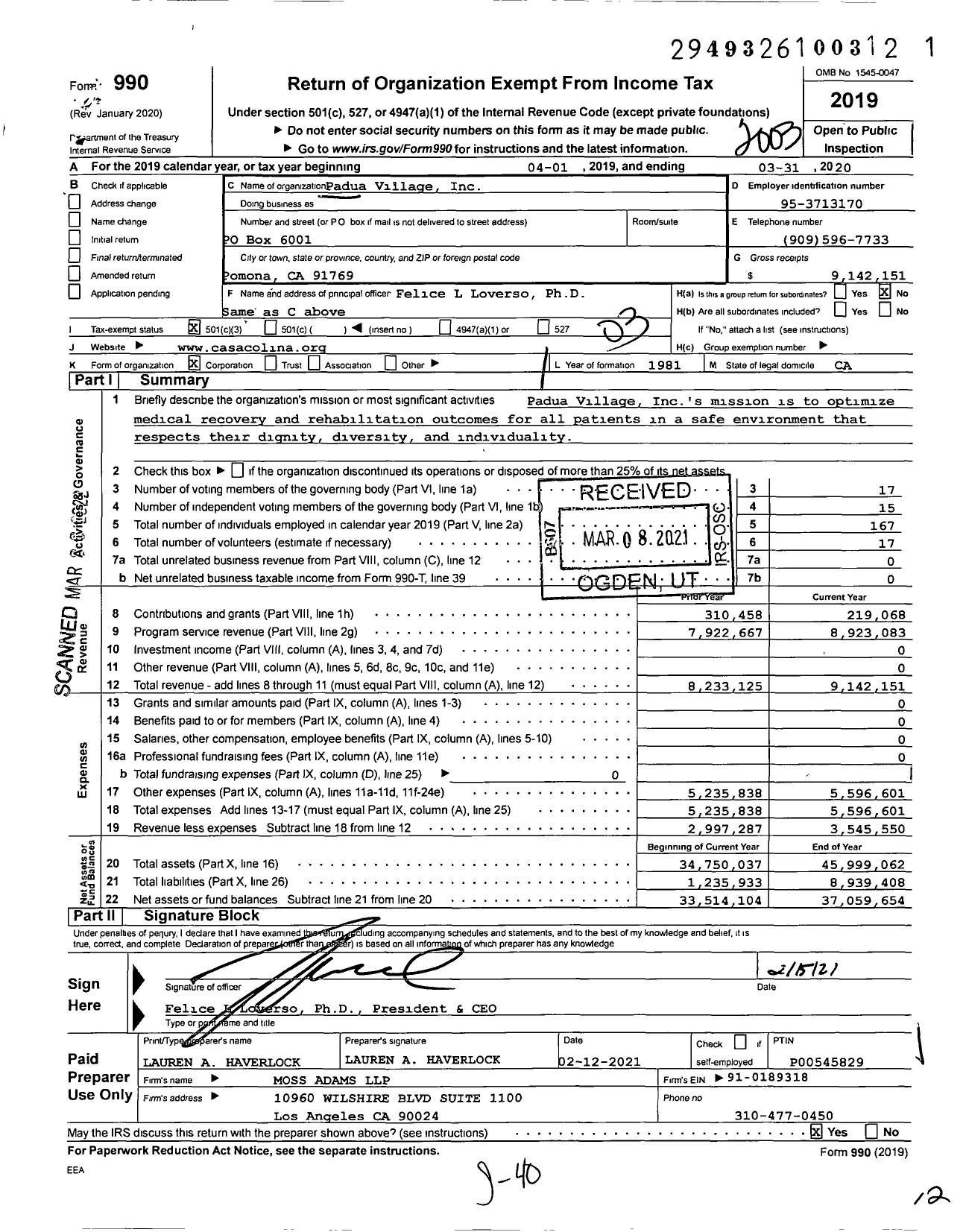 Image of first page of 2019 Form 990 for Padua Village
