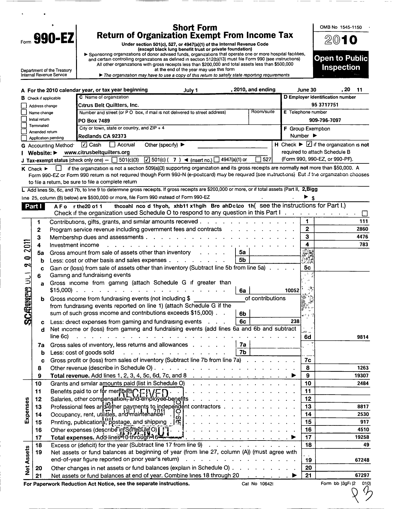 Image of first page of 2010 Form 990EO for Citrus Belt Quilters