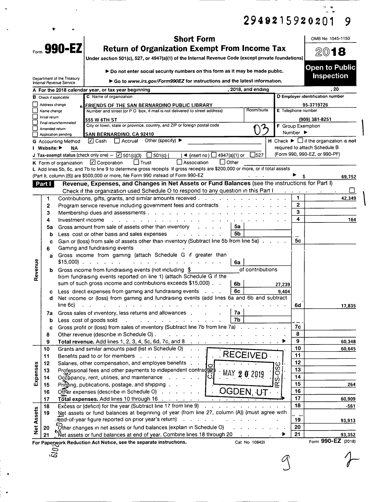 Image of first page of 2018 Form 990EZ for Friends of the San Bernardino Public Library