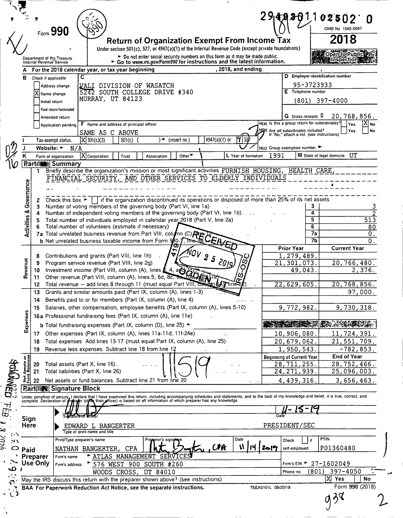 Image of first page of 2018 Form 990 for Vali Division of Wasatch