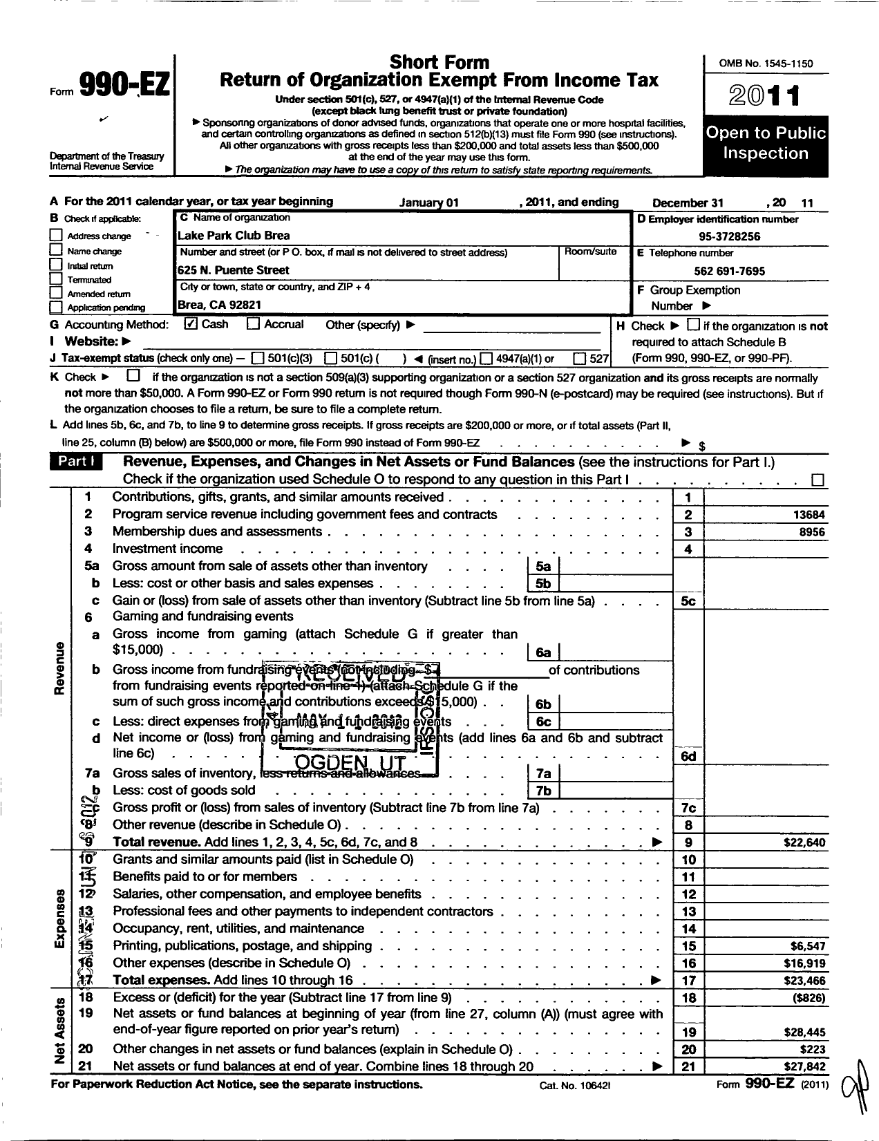 Image of first page of 2011 Form 990EO for Lake Park Club Brea