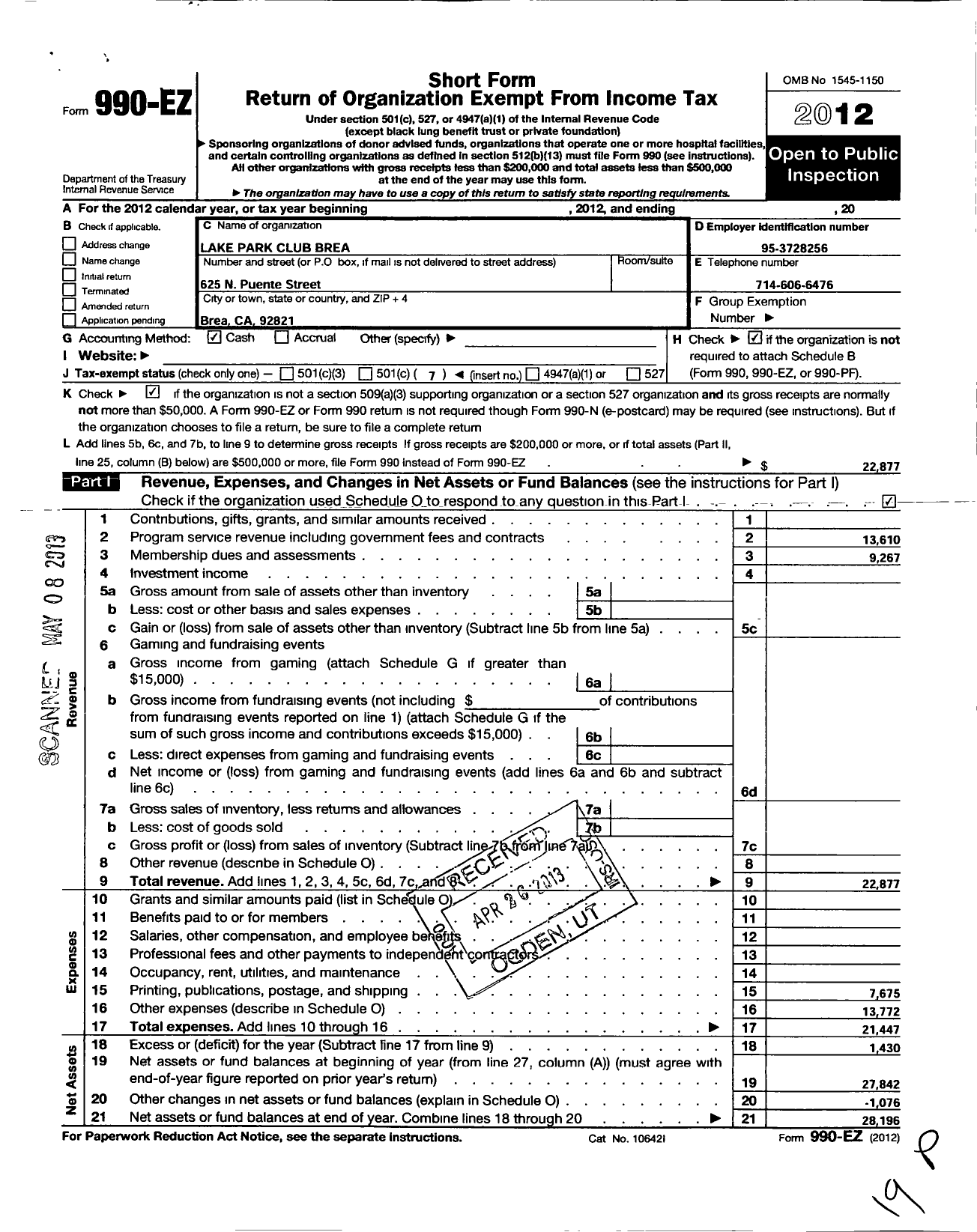 Image of first page of 2012 Form 990EO for Lake Park Club Brea