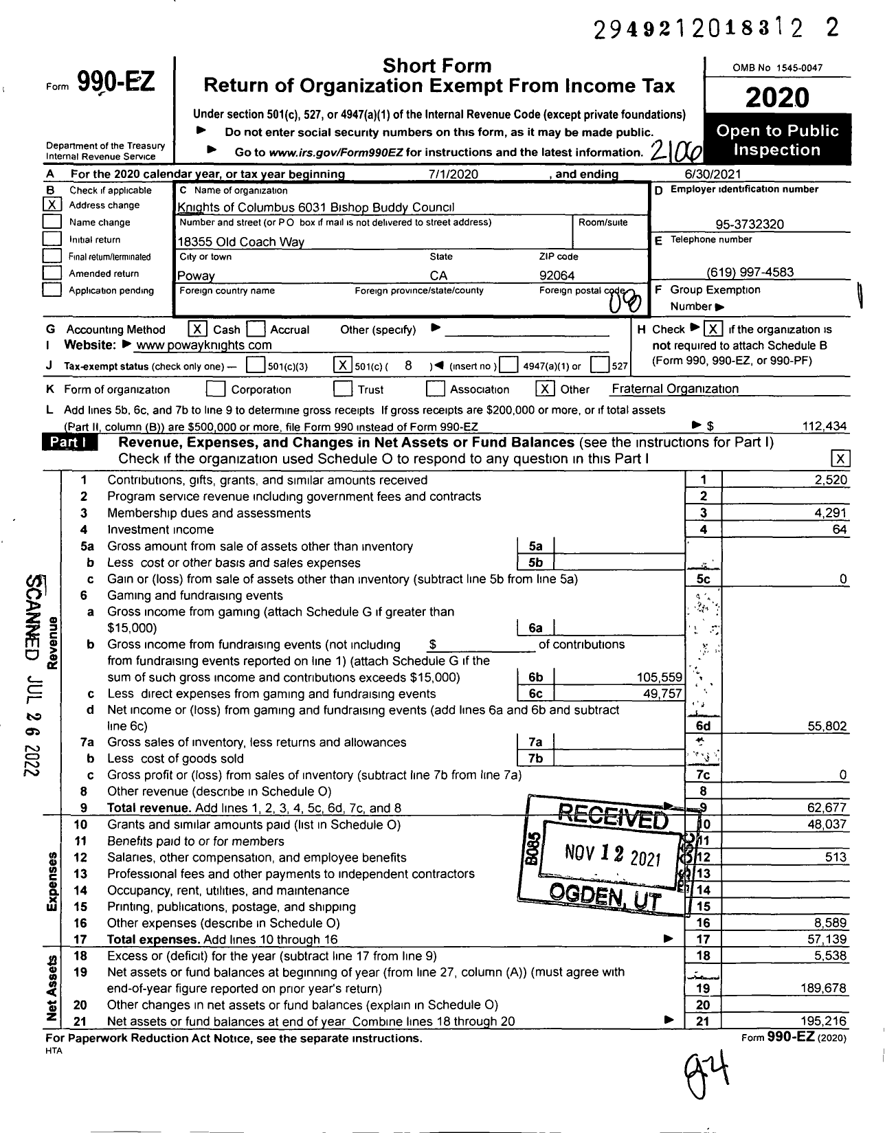 Image of first page of 2020 Form 990EO for Knights of Columbus - 6031 Bishop Buddy Council