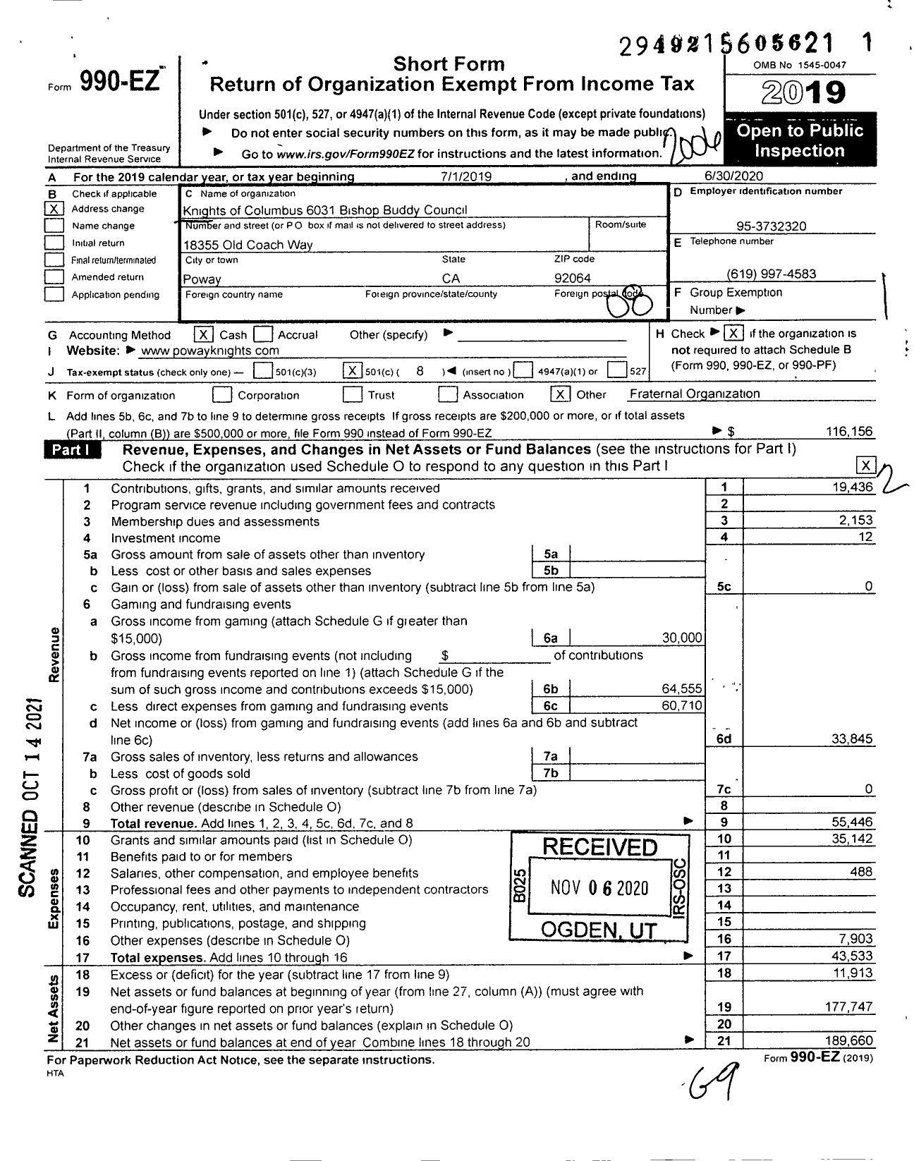 Image of first page of 2019 Form 990EO for Knights of Columbus - 6031 Bishop Buddy Council