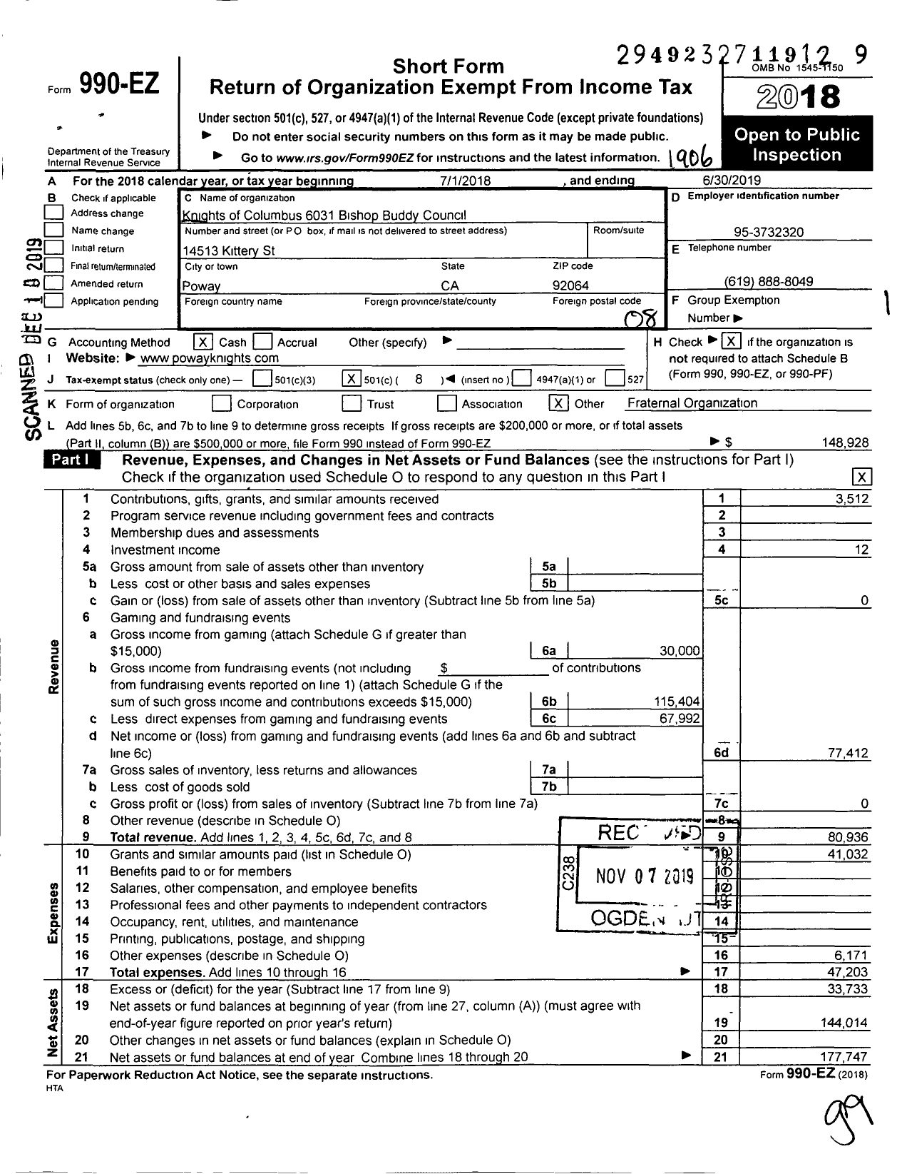 Image of first page of 2018 Form 990EO for Knights of Columbus - 6031 Bishop Buddy Council