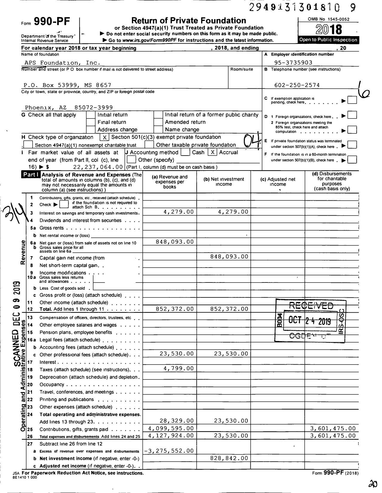 Image of first page of 2018 Form 990PF for APS Foundation