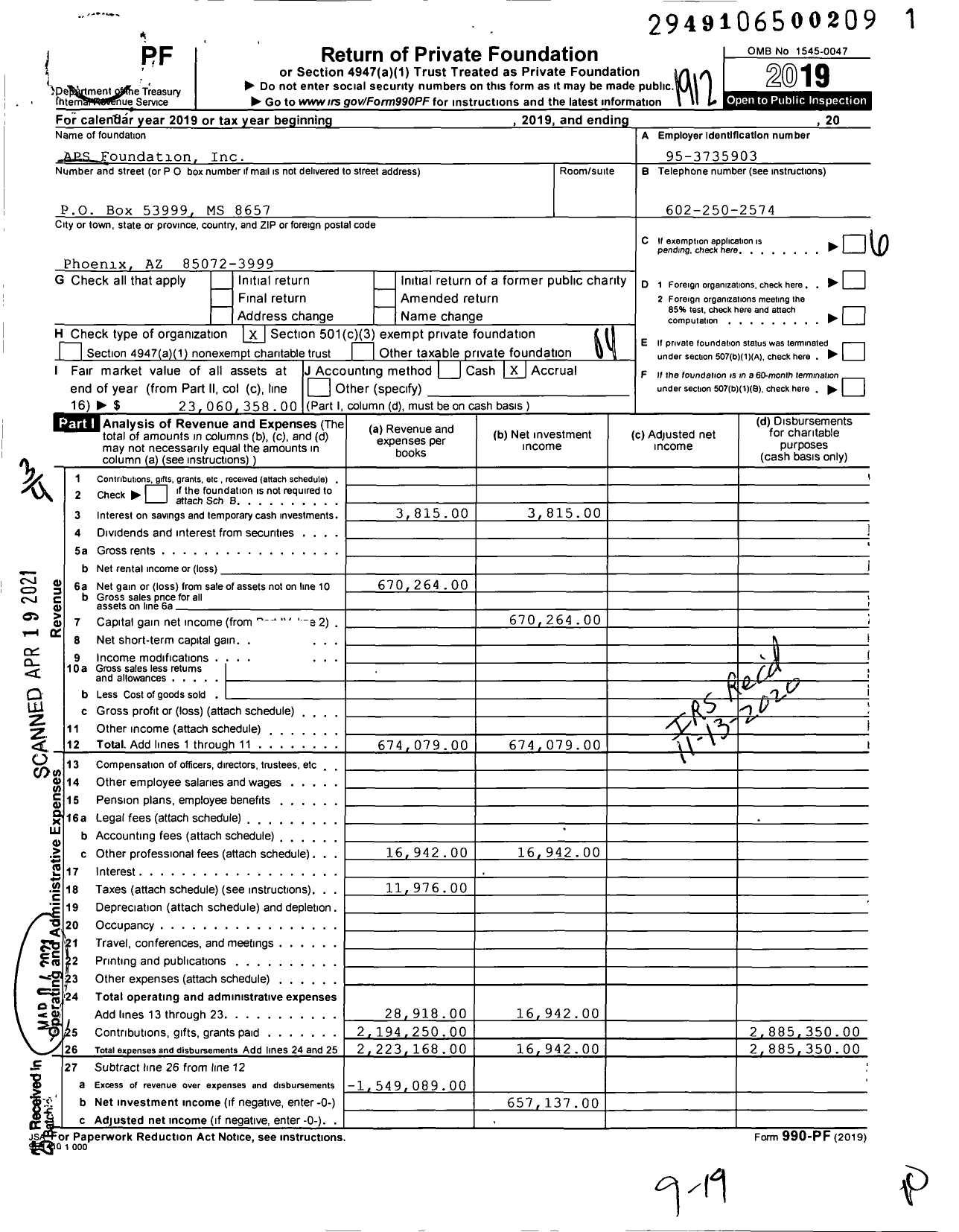 Image of first page of 2019 Form 990PF for APS Foundation