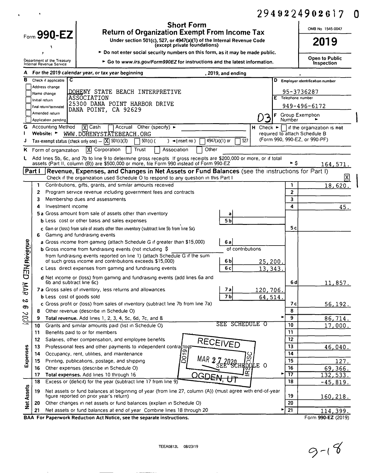 Image of first page of 2019 Form 990EZ for Doheny State Beach Interpretive Association