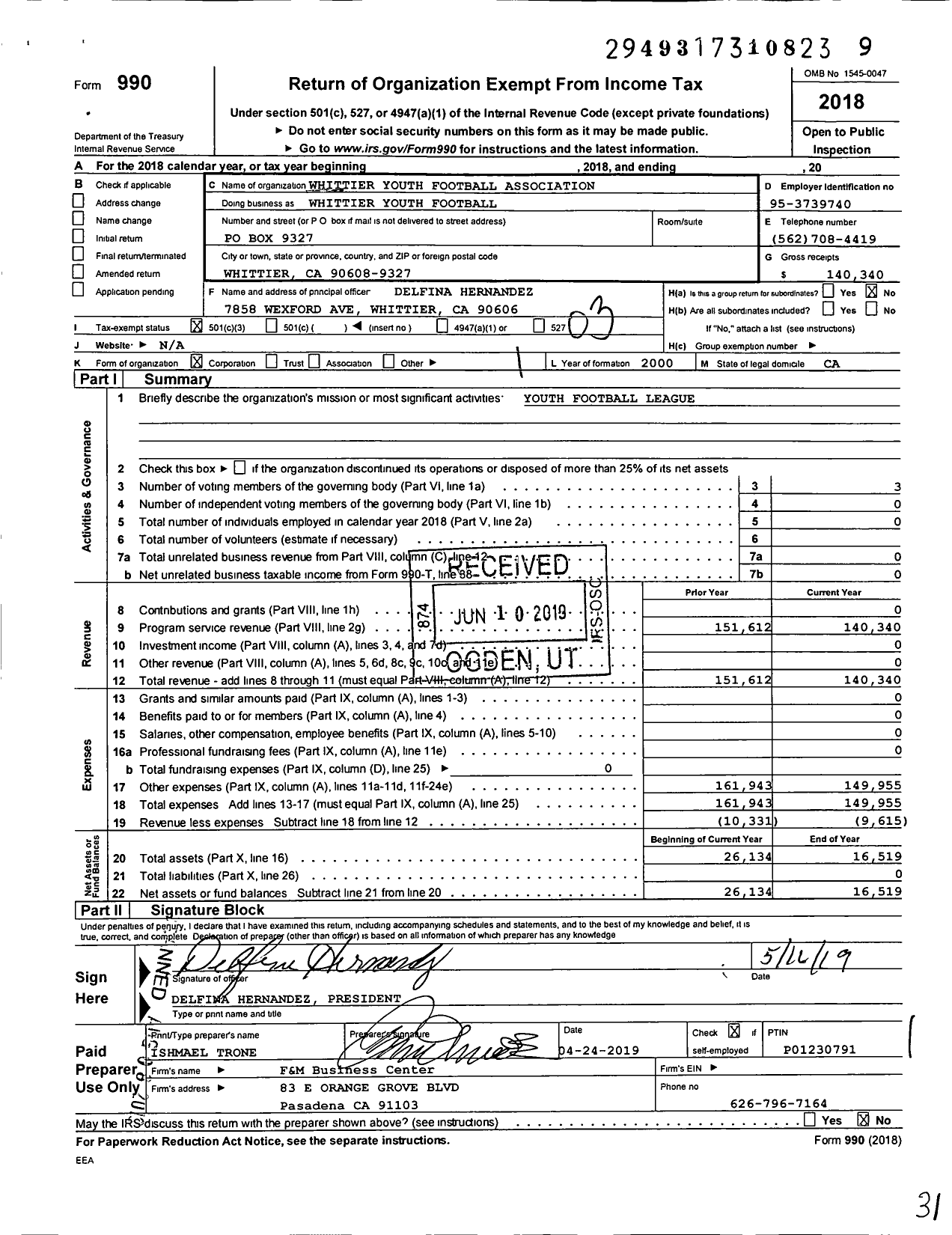 Image of first page of 2018 Form 990 for Whittier Youth Football