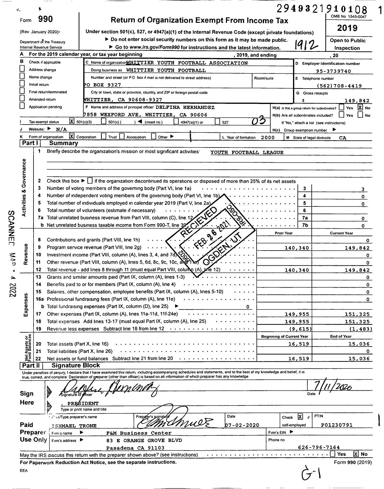 Image of first page of 2019 Form 990 for Whittier Youth Football