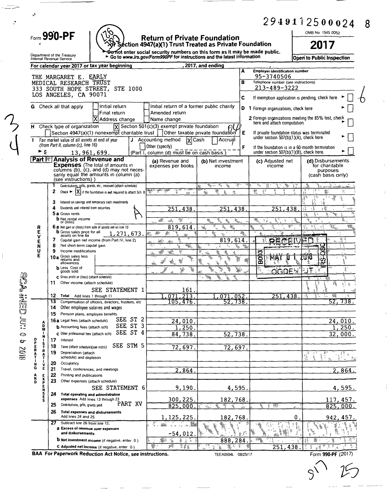 Image of first page of 2017 Form 990PF for Margaret E Early Medical Research Trust