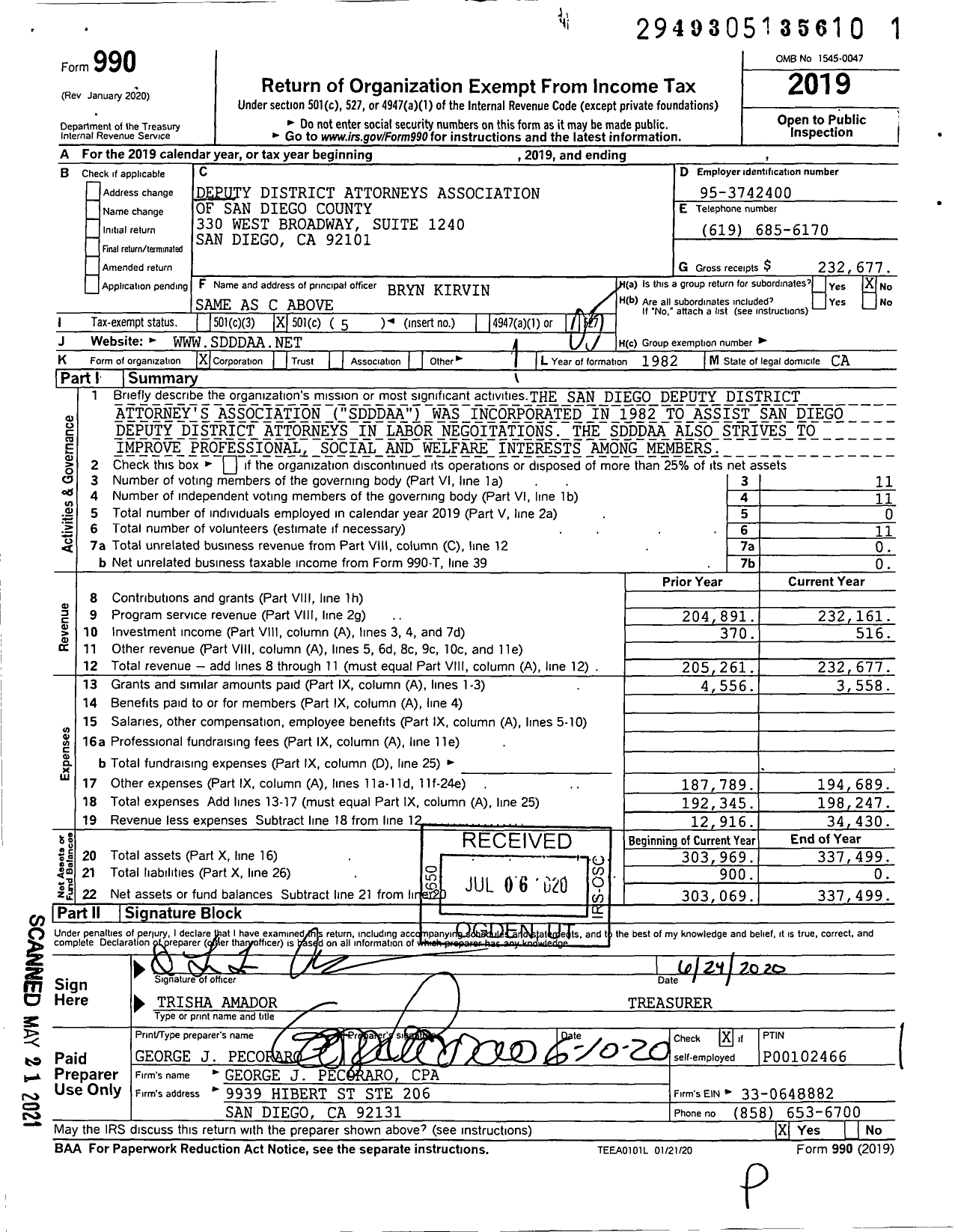 Image of first page of 2019 Form 990O for Deputy District Attorneys Association of San Diego County