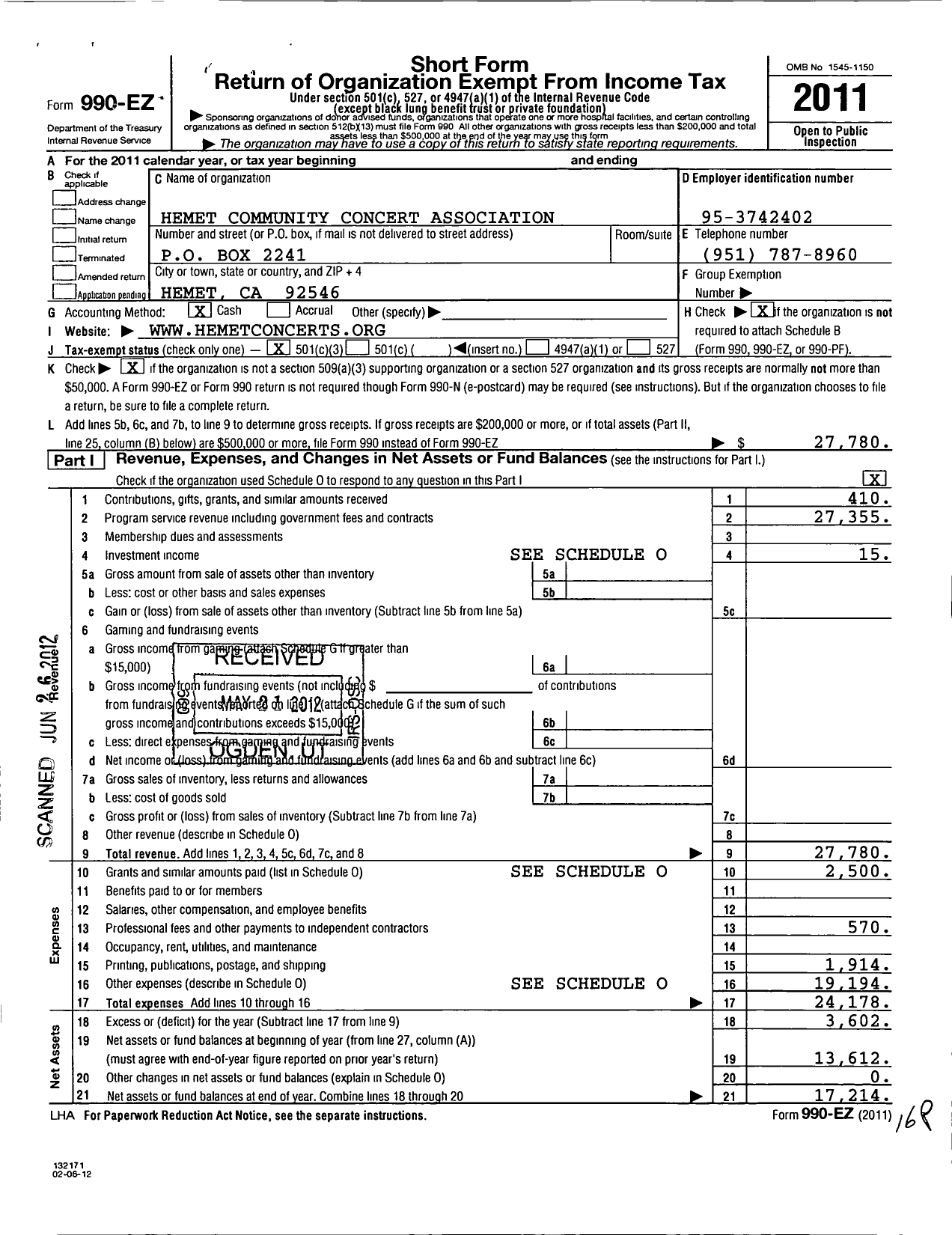 Image of first page of 2011 Form 990EZ for Hemet Concert Association