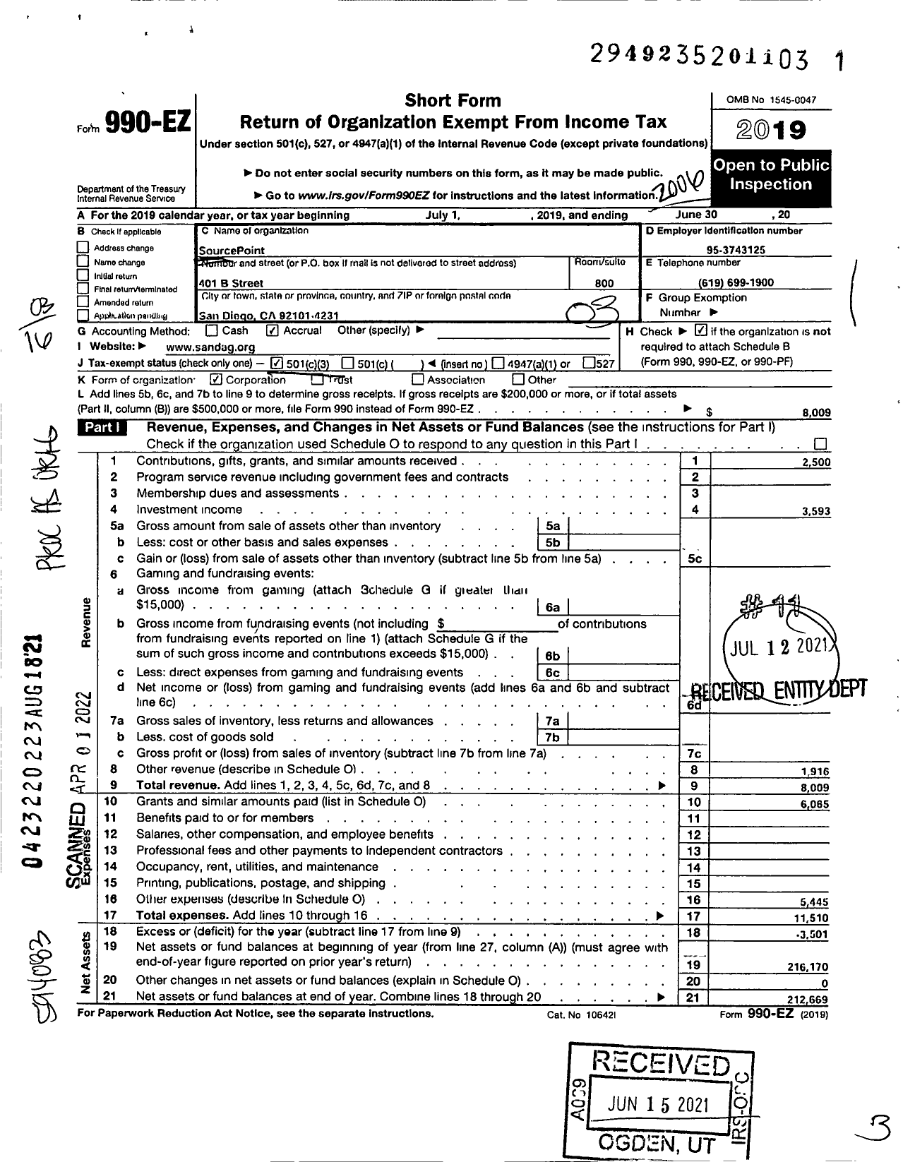 Image of first page of 2019 Form 990EZ for Sourcepoint