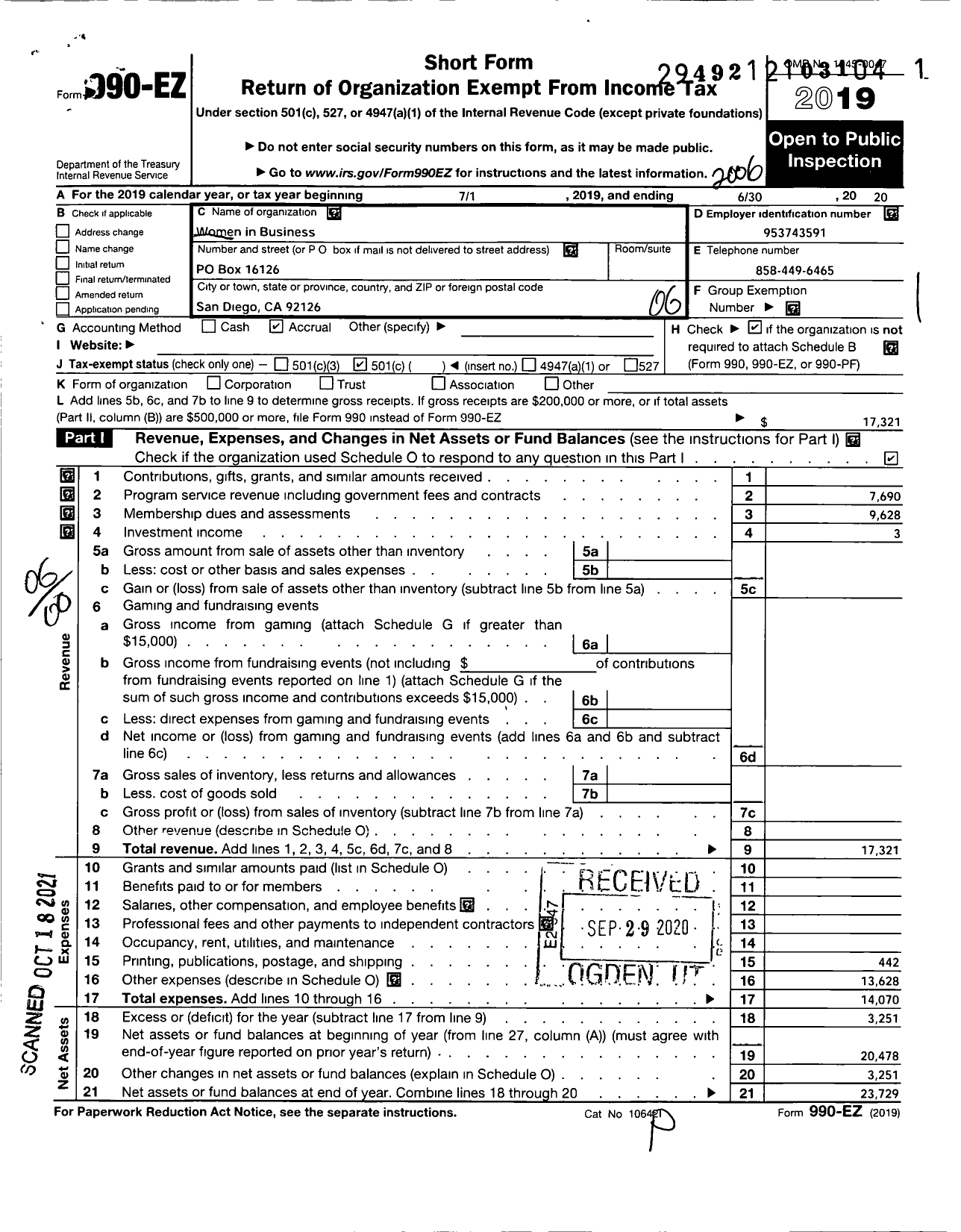 Image of first page of 2019 Form 990EO for Women in Business