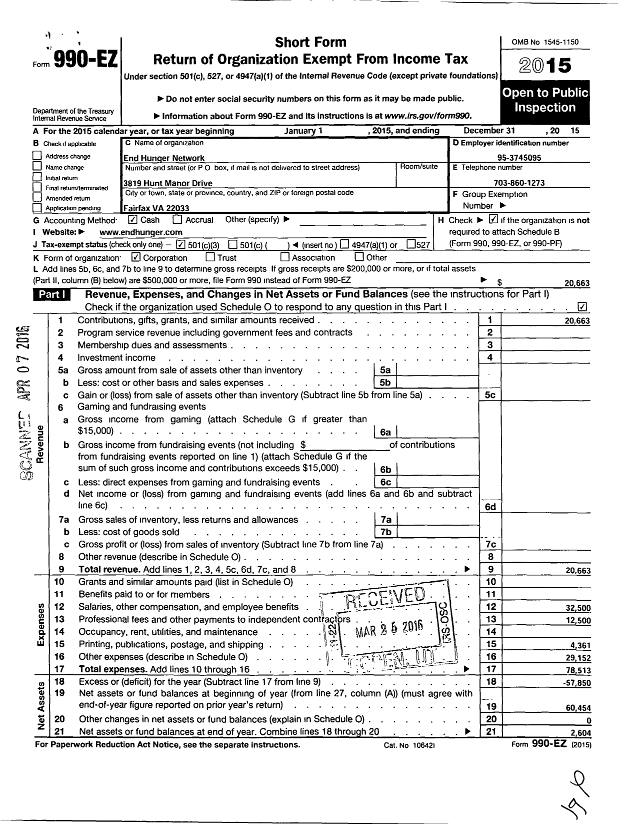 Image of first page of 2015 Form 990EZ for End Hunger Network