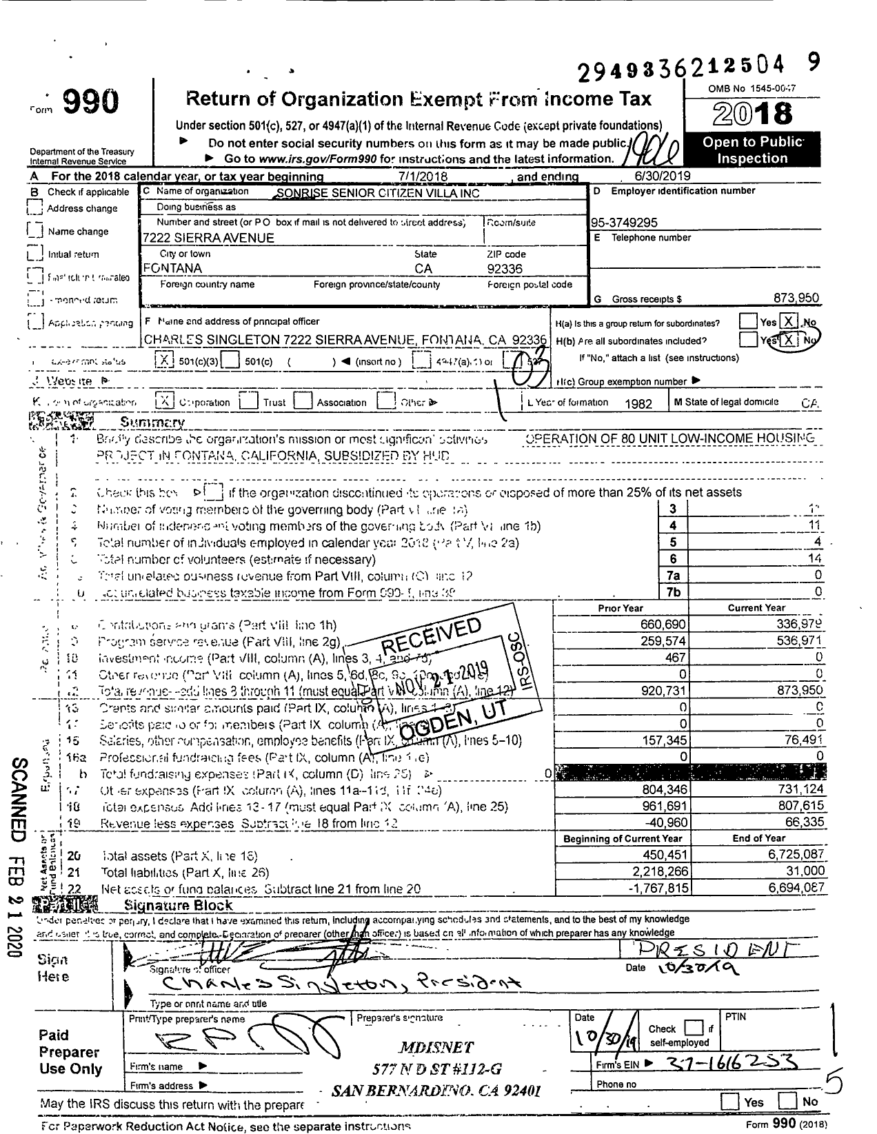 Image of first page of 2018 Form 990 for Sonrise Senior Citizen Villa