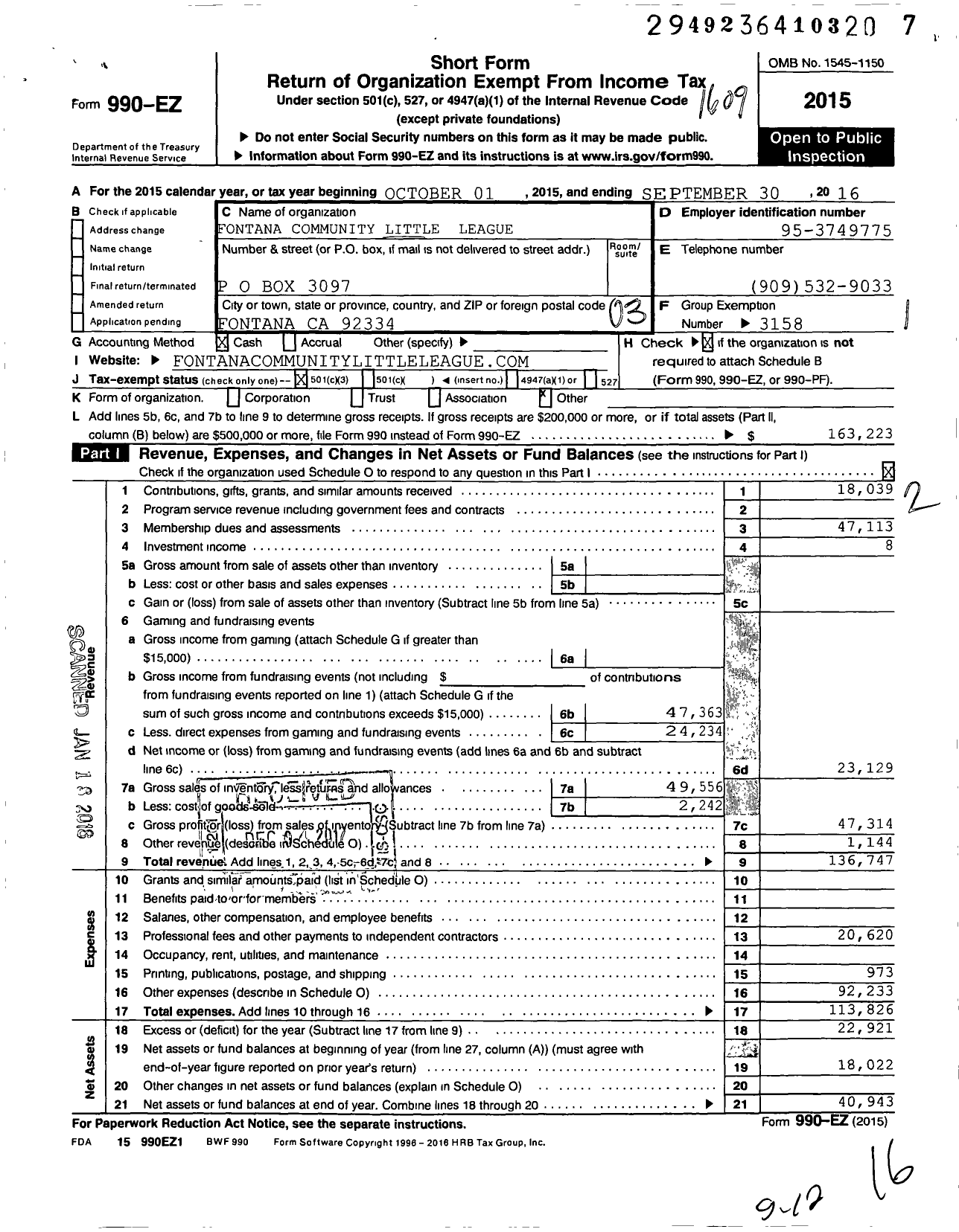 Image of first page of 2015 Form 990EZ for Little League Baseball - 4052103 Fontana Community LL