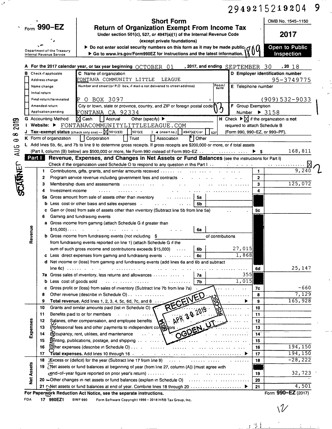 Image of first page of 2017 Form 990EZ for Little League Baseball - 4052103 Fontana Community LL