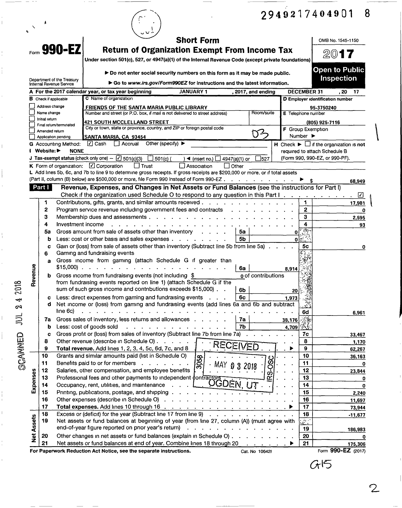 Image of first page of 2017 Form 990EZ for Friends of the Santa Maria Public Library