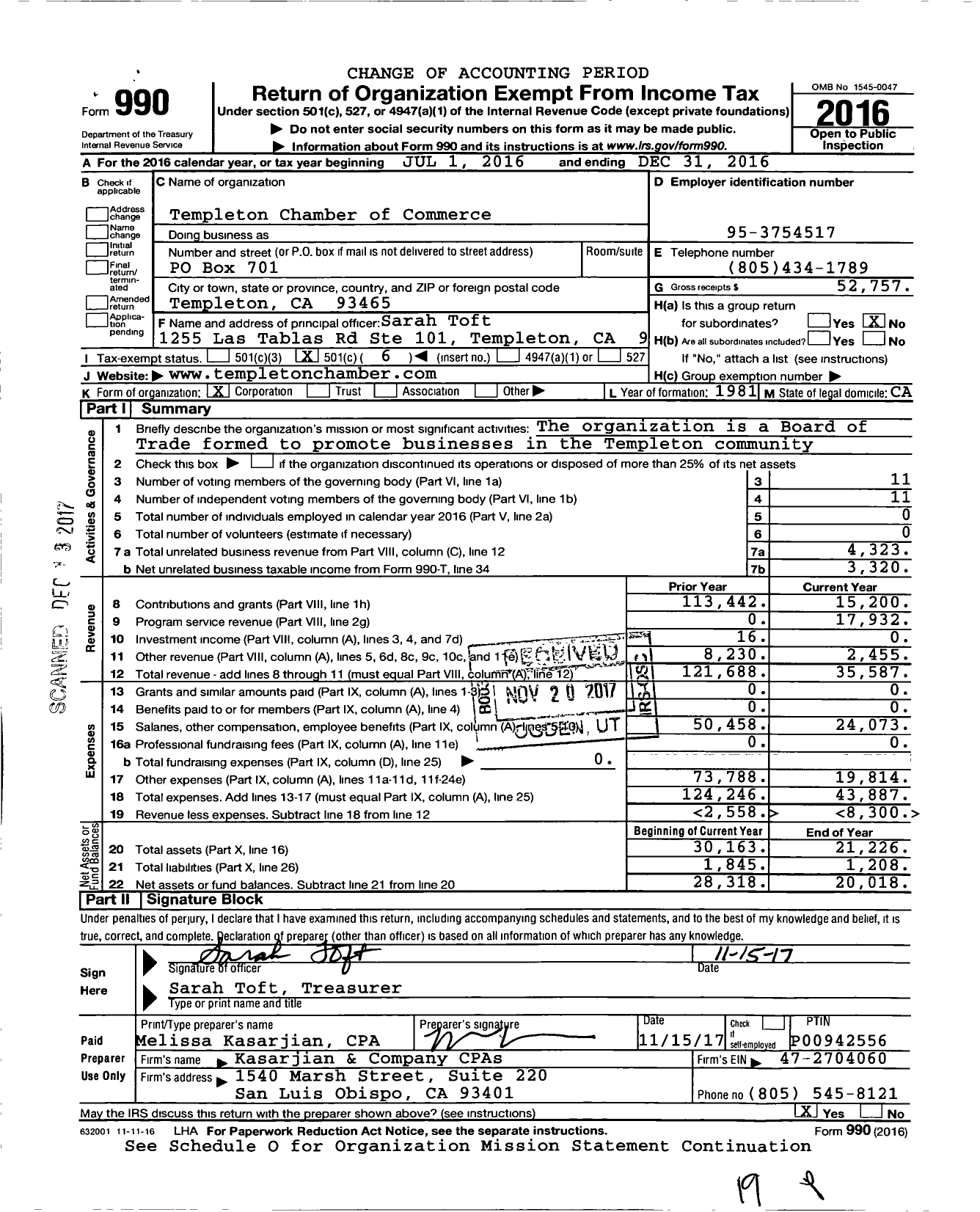 Image of first page of 2016 Form 990O for Templeton Chamber of Commerce