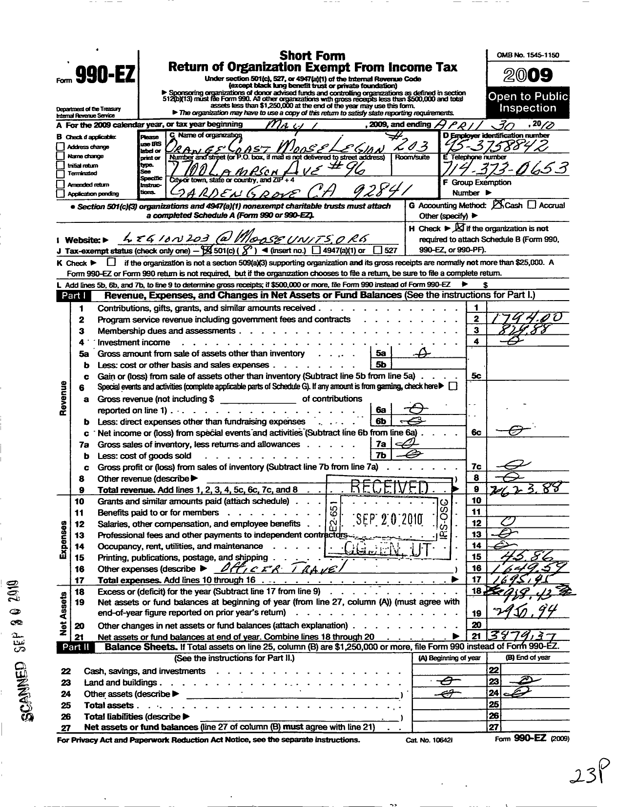 Image of first page of 2009 Form 990EO for Loyal Order of Moose - 203