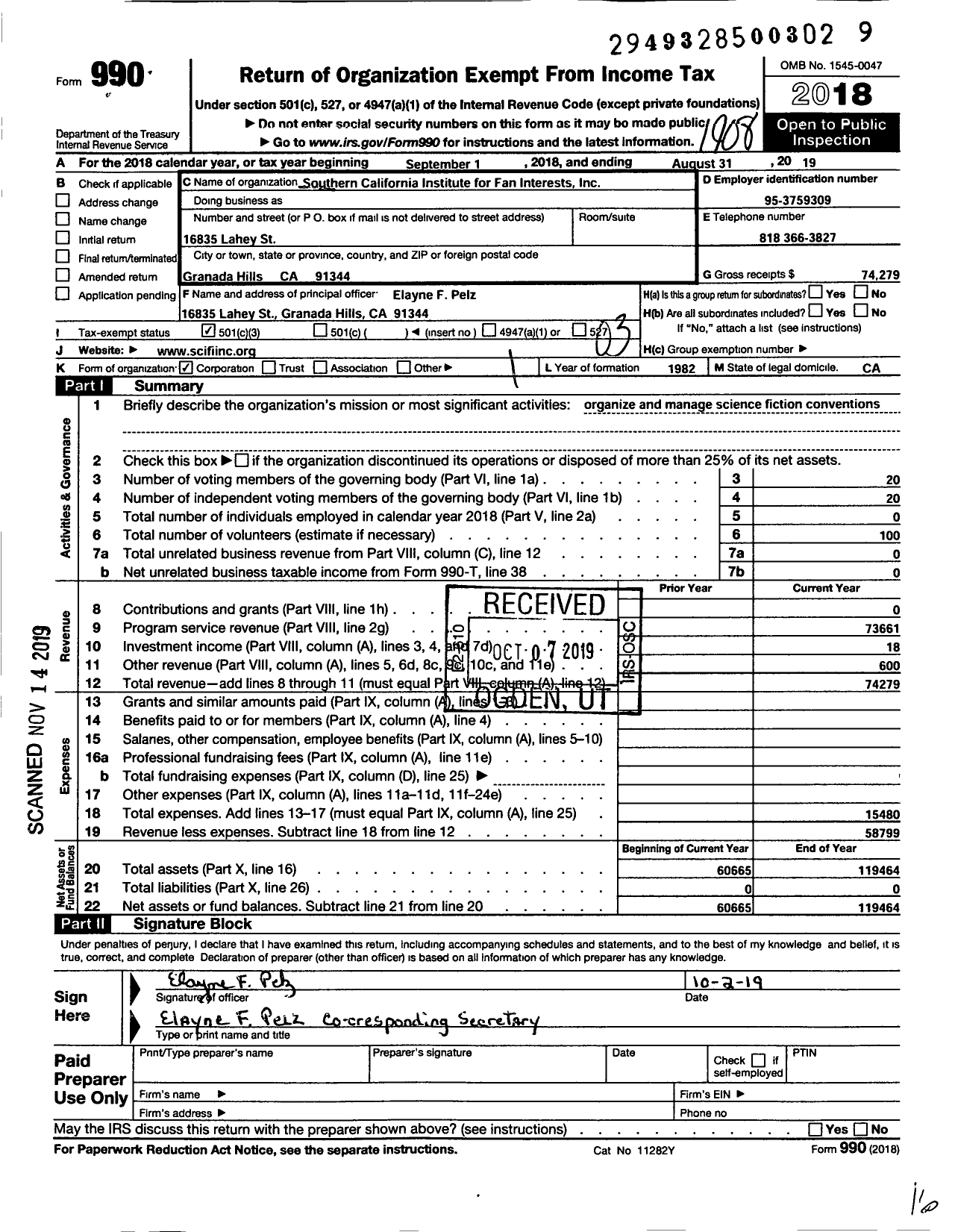 Image of first page of 2018 Form 990 for Southern California Institute for Fan Interrests