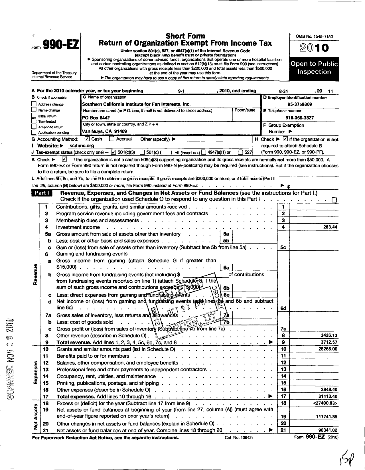 Image of first page of 2010 Form 990EZ for Southern California Institute for Fan Interrests