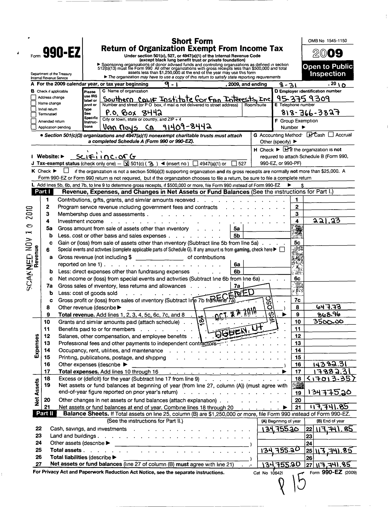 Image of first page of 2009 Form 990EZ for Southern California Institute for Fan Interrests