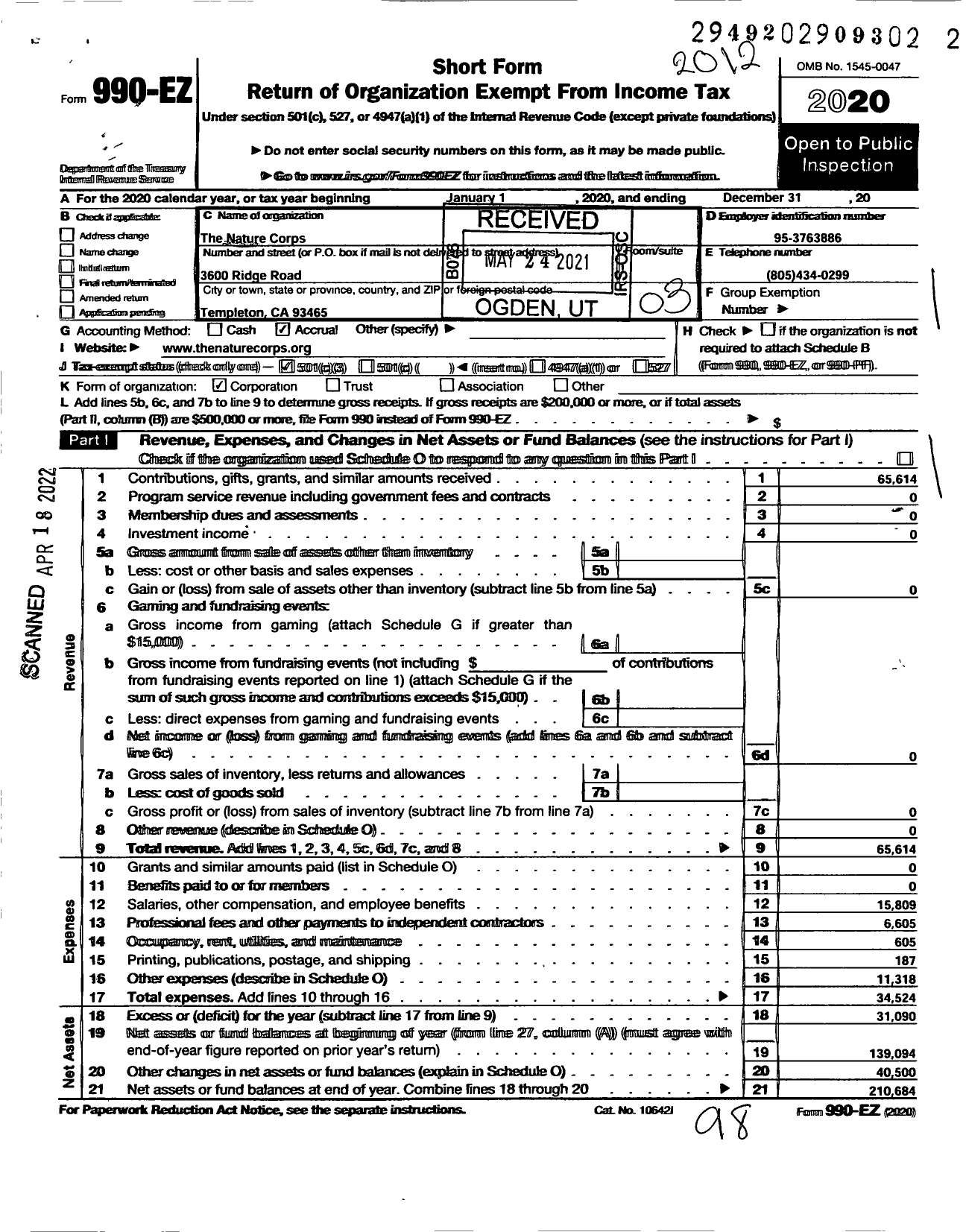 Image of first page of 2020 Form 990EZ for The Nature Corps