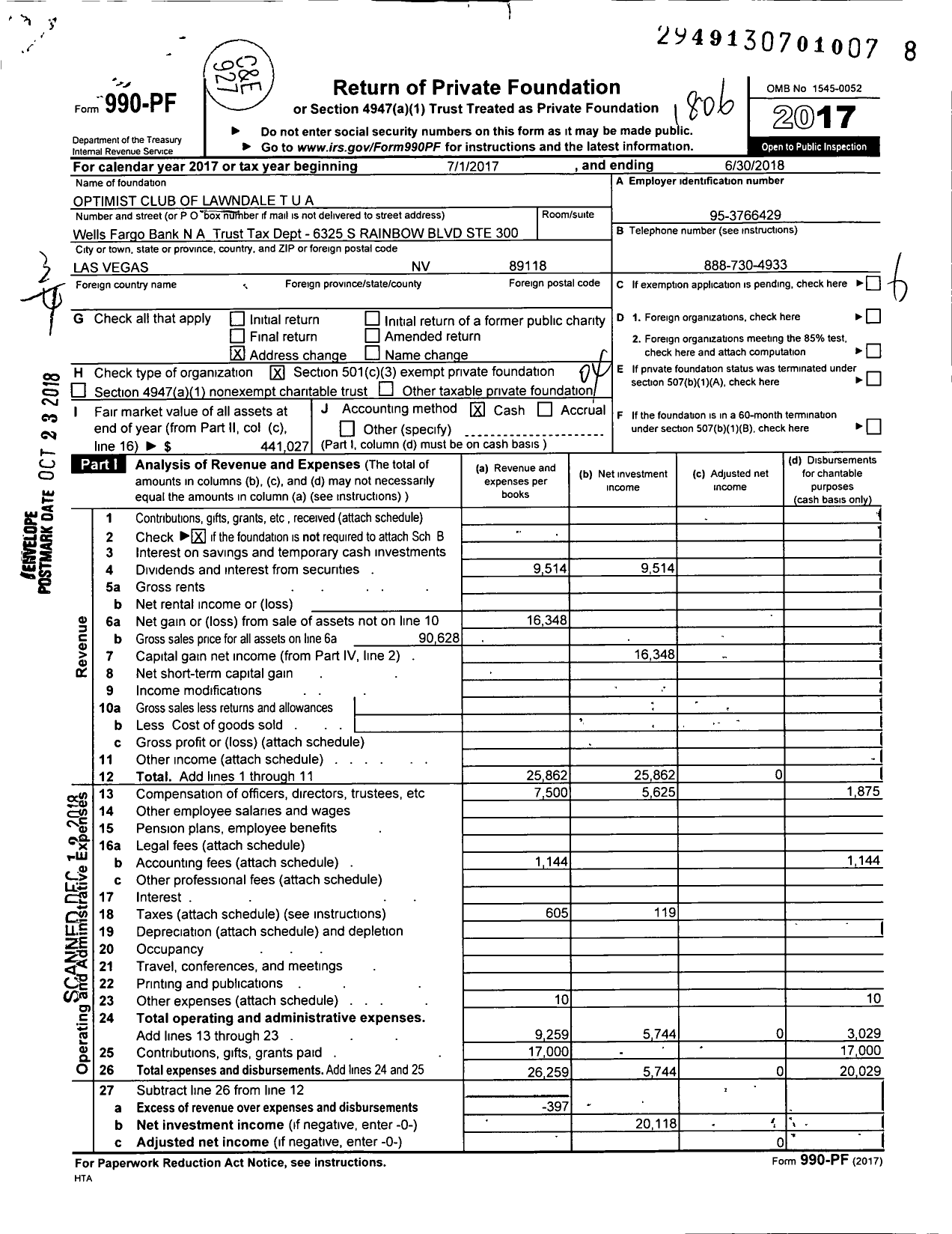 Image of first page of 2017 Form 990PF for Optimist Club of Lawndale Tua