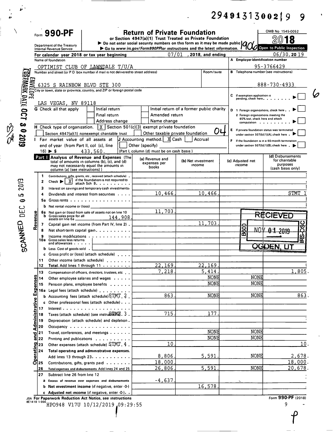 Image of first page of 2018 Form 990PF for Optimist Club of Lawndale Tua