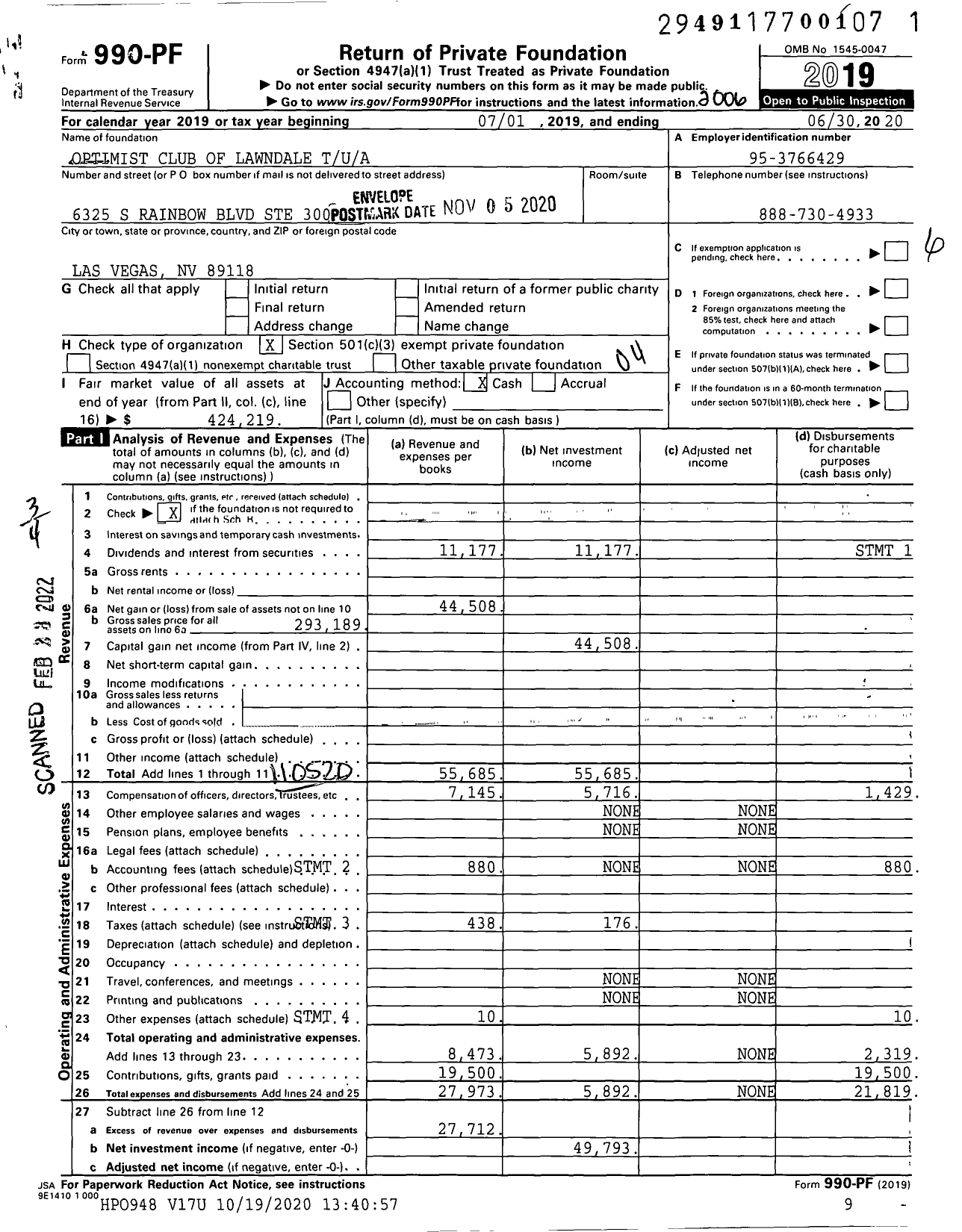 Image of first page of 2019 Form 990PF for Optimist Club of Lawndale Tua