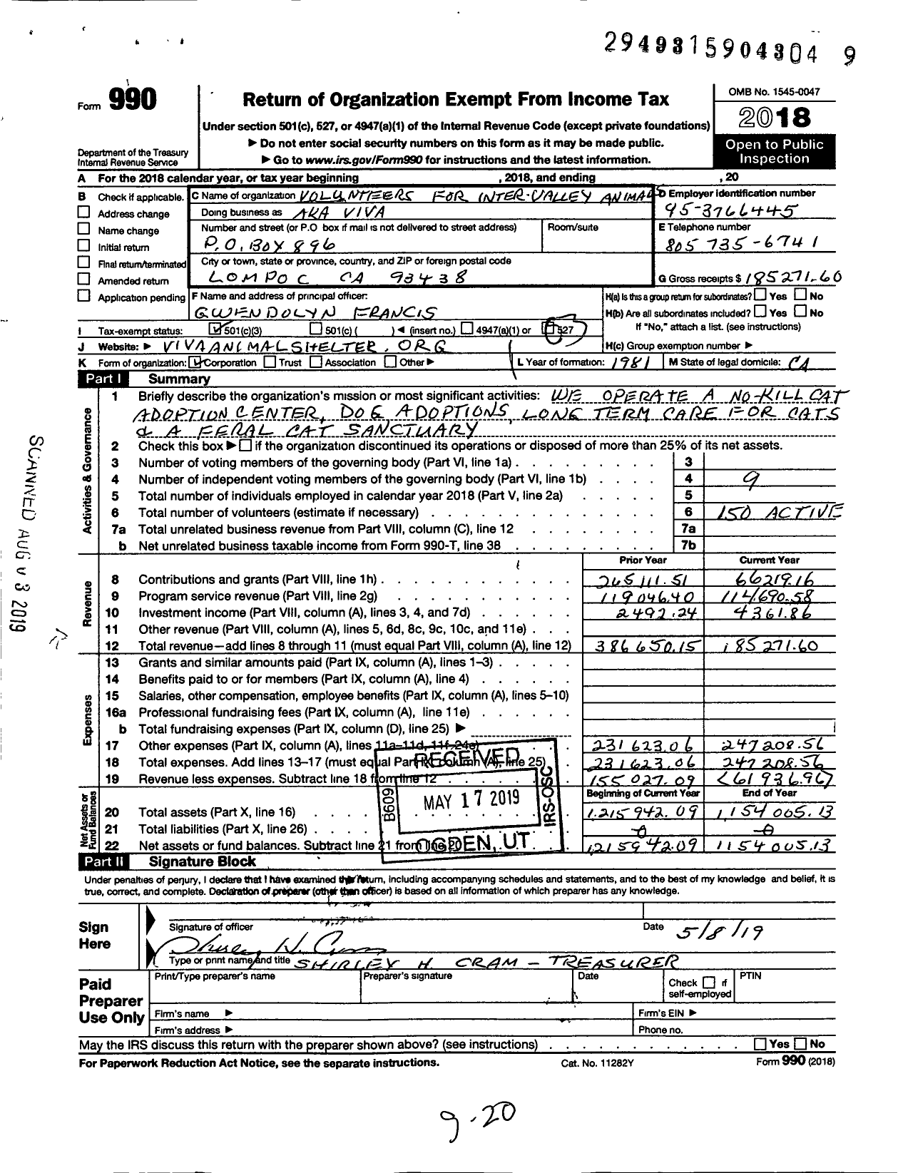 Image of first page of 2018 Form 990 for Volunteers for Inter-Valley Animals (VIVA)