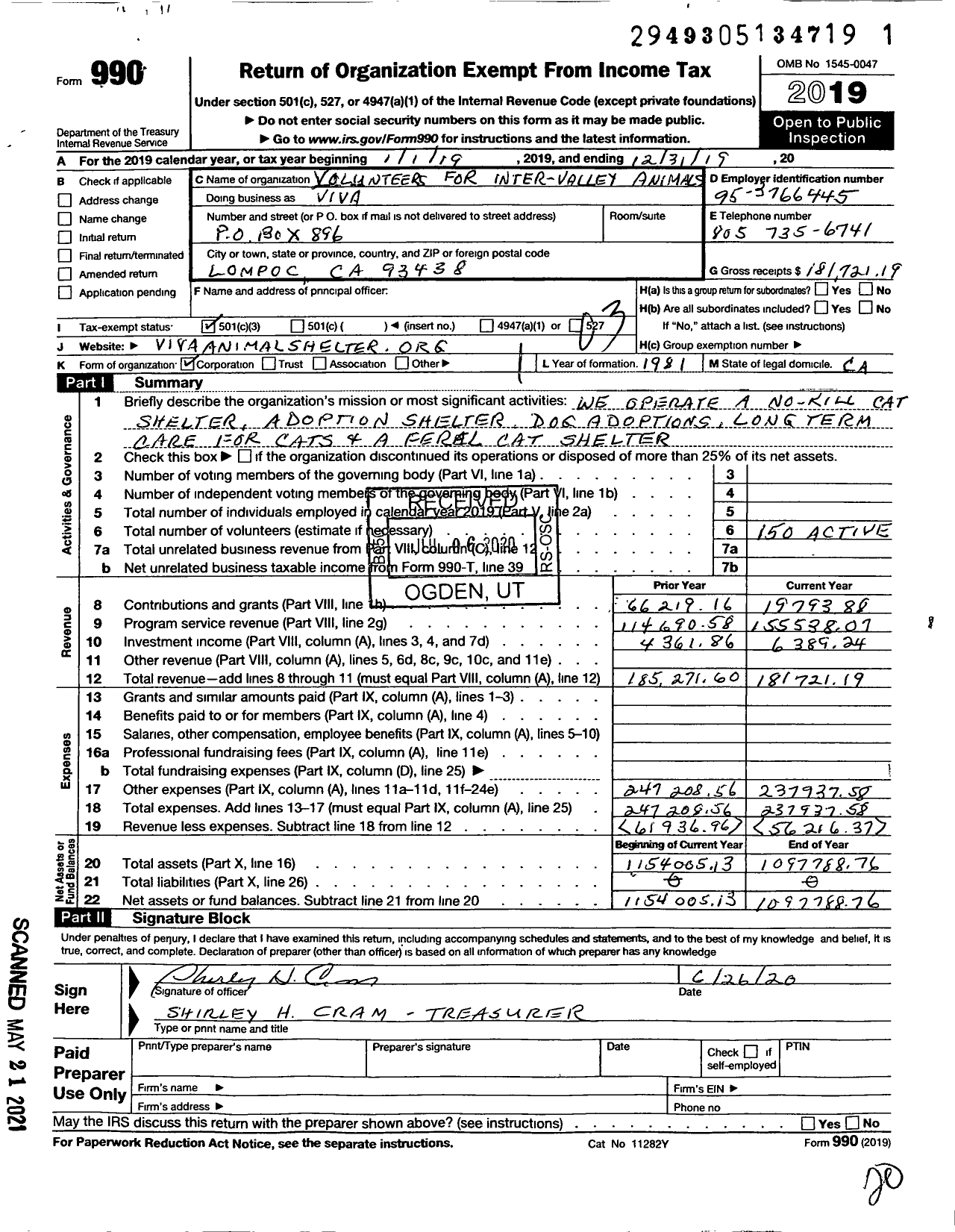 Image of first page of 2019 Form 990 for Volunteers for Inter-Valley Animals (VIVA)