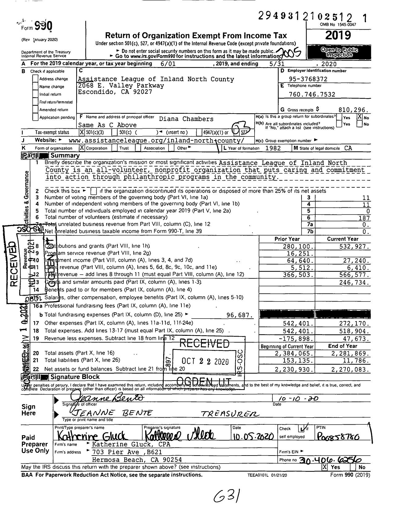 Image of first page of 2019 Form 990 for Assistance League of Inland North County