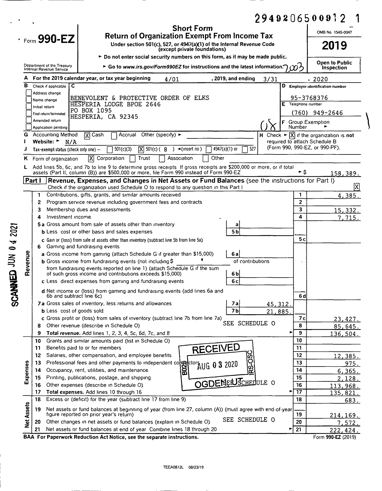 Image of first page of 2019 Form 990EO for Benevolent and Protective Order of ELKs - 2646 HESPERIA