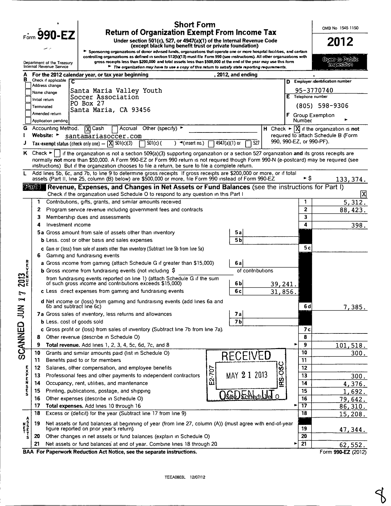 Image of first page of 2012 Form 990EZ for Santa Maria Valley Youth Soccer Association