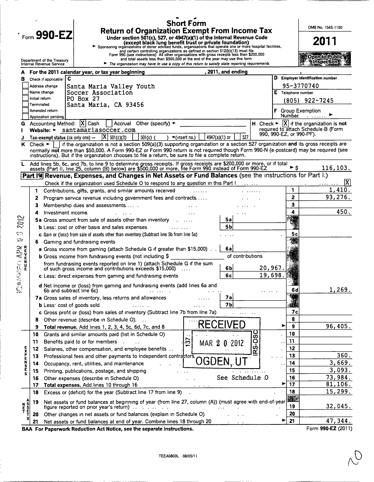 Image of first page of 2011 Form 990EZ for Santa Maria Valley Youth Soccer Association