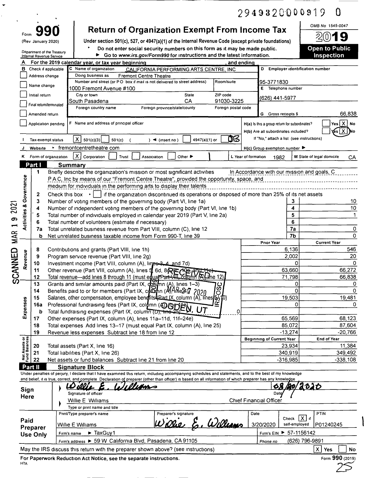 Image of first page of 2019 Form 990 for California Performing Arts Centre Inc