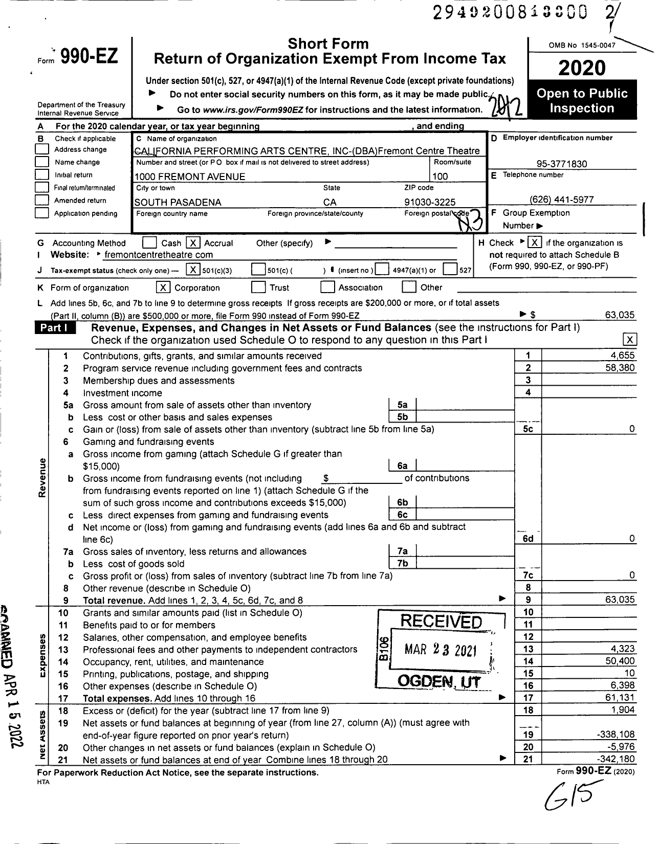 Image of first page of 2020 Form 990EZ for California Performing Arts Centre Inc