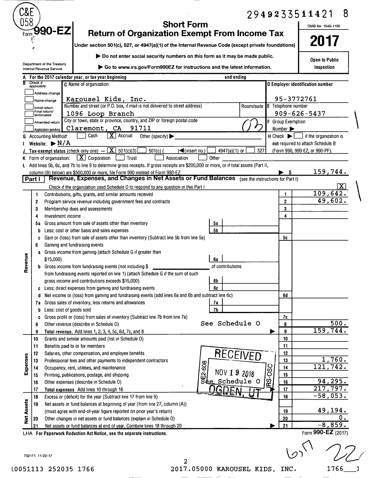 Image of first page of 2017 Form 990EZ for Karousel Kids