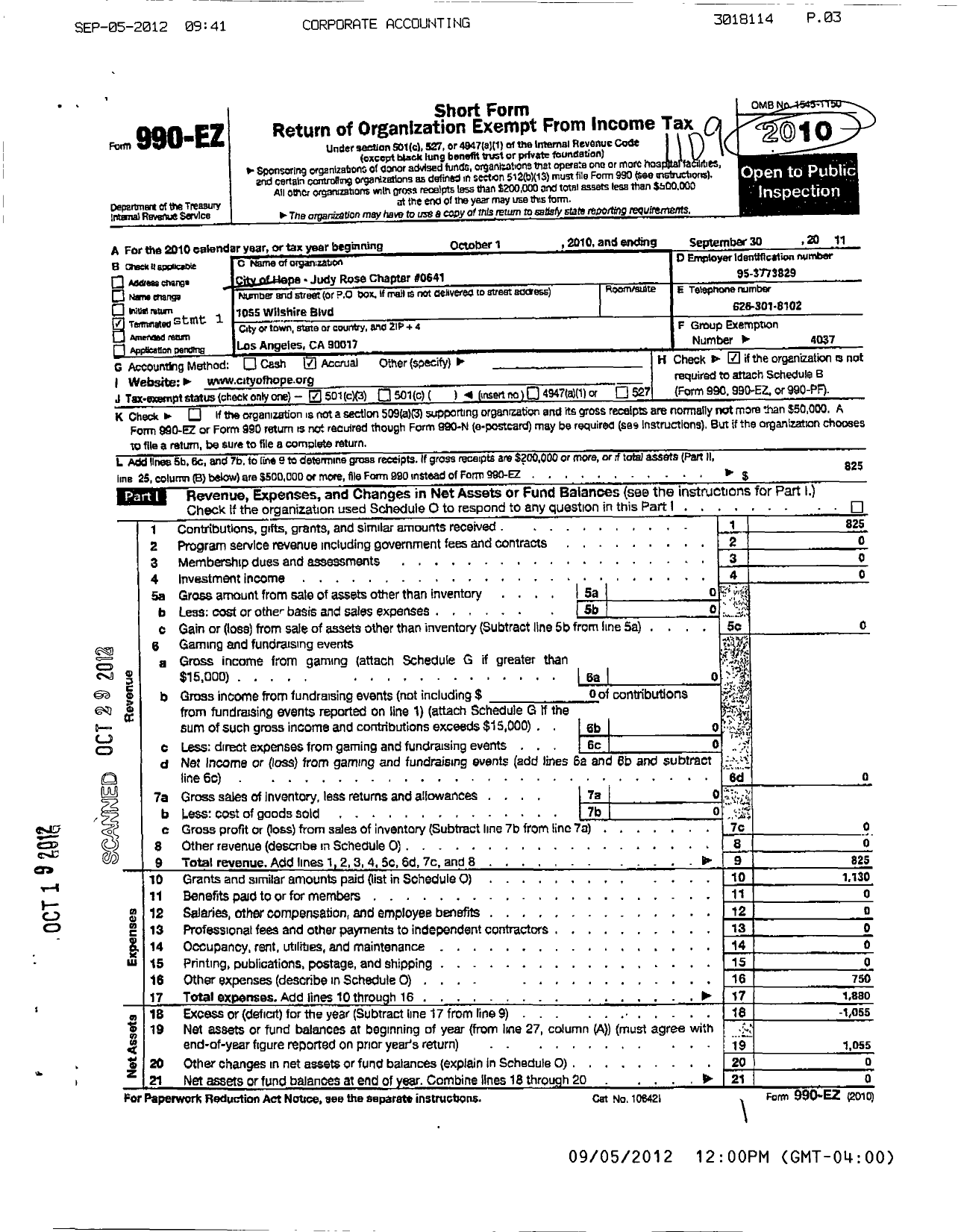 Image of first page of 2010 Form 990EZ for City of Hope - 0641 Judy Rose Chapter