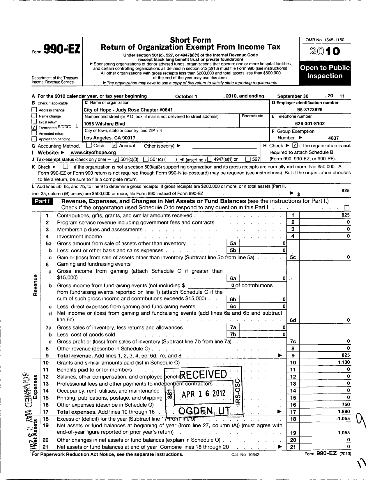 Image of first page of 2010 Form 990EZ for City of Hope - 0641 Judy Rose Chapter