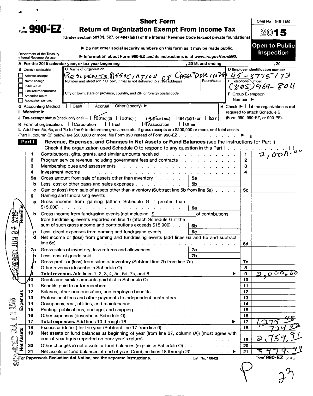 Image of first page of 2015 Form 990EZ for Residents Association of Casa Dorinda