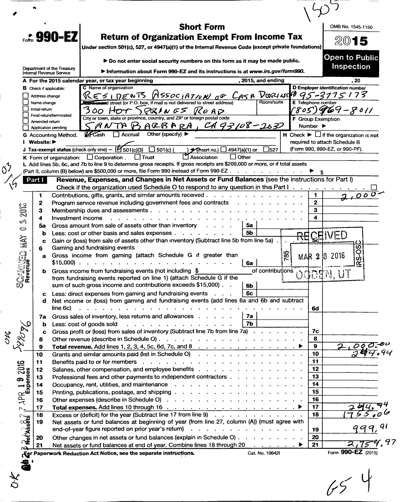 Image of first page of 2015 Form 990EZ for Residents Association of Casa Dorinda