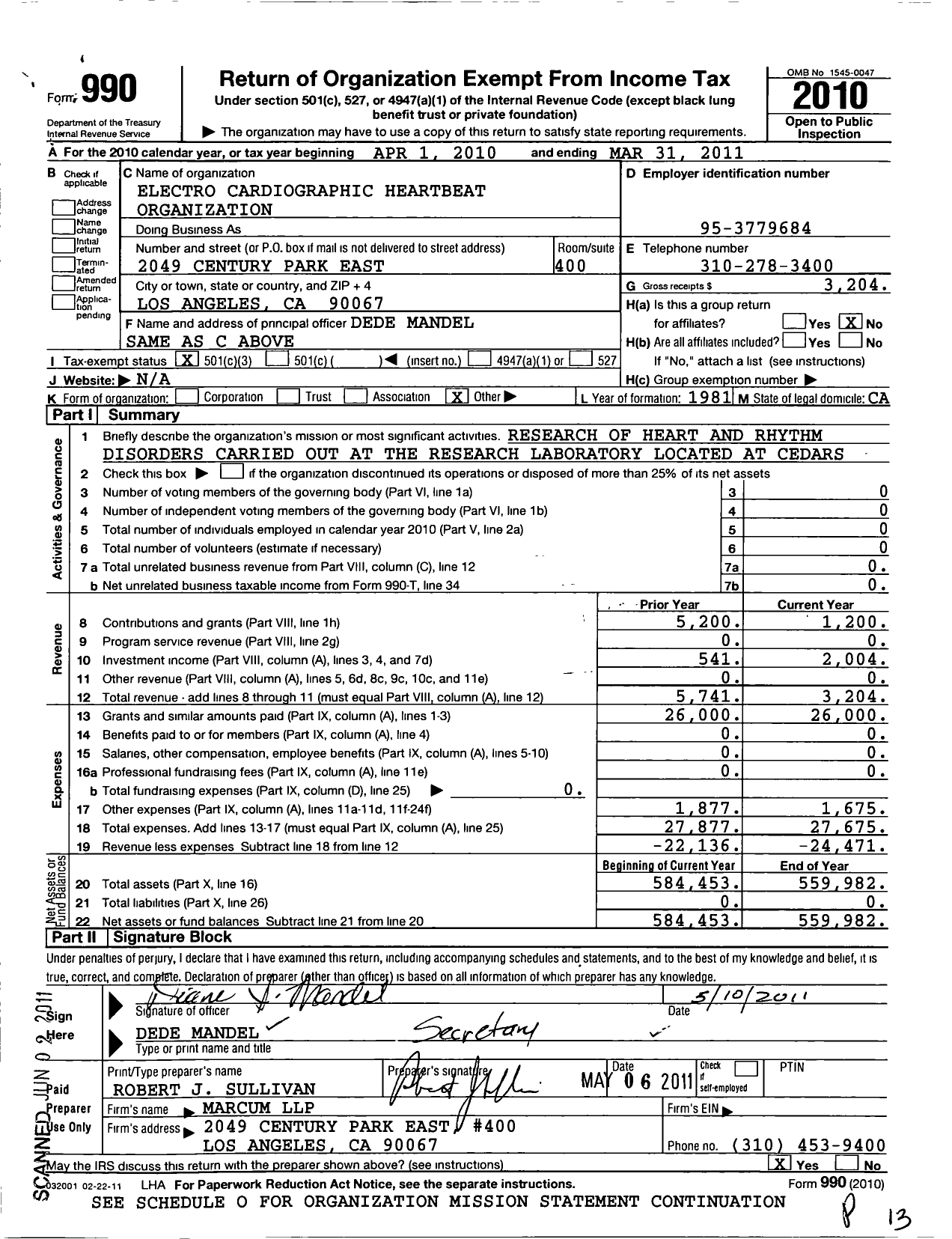 Image of first page of 2010 Form 990 for Electro Cardiographic Heartbeat Organization