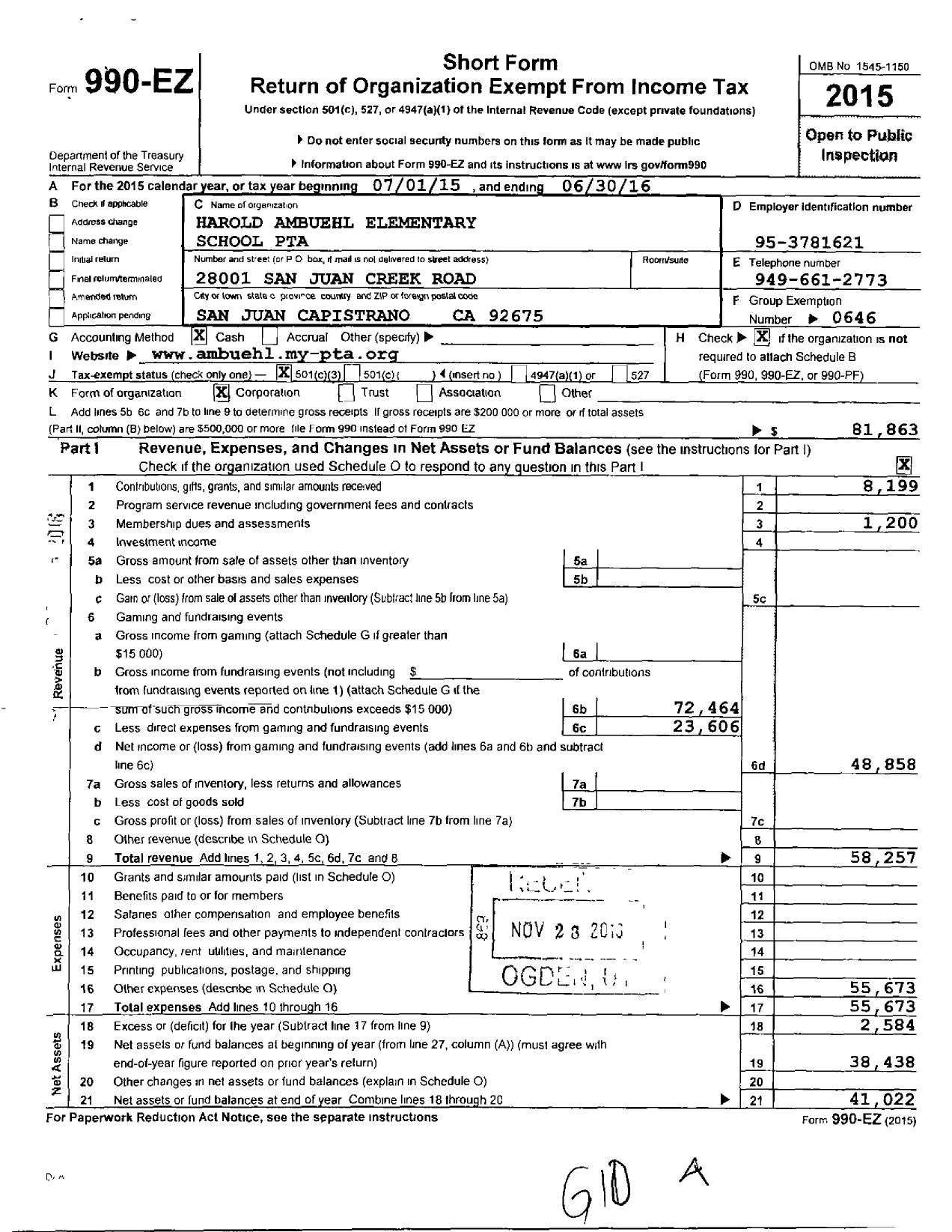 Image of first page of 2015 Form 990EZ for California State PTA - Harold Ambuehl Elementary PTA